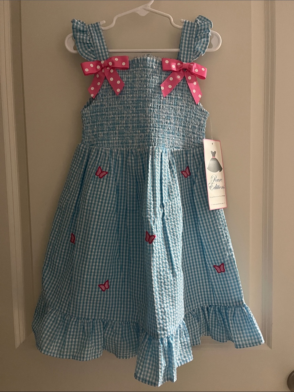 Rare Editions Blue Gingham Dress with Pink Polka Dot Bows